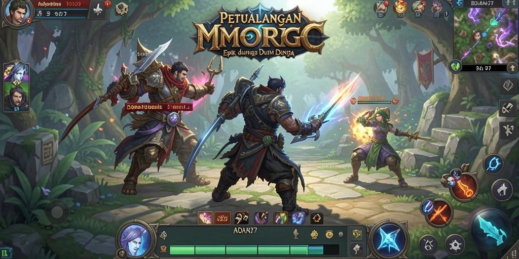 Screenshot gameplay ADAM77 menampilkan pertarungan epik dan eksplorasi dunia yang luas.