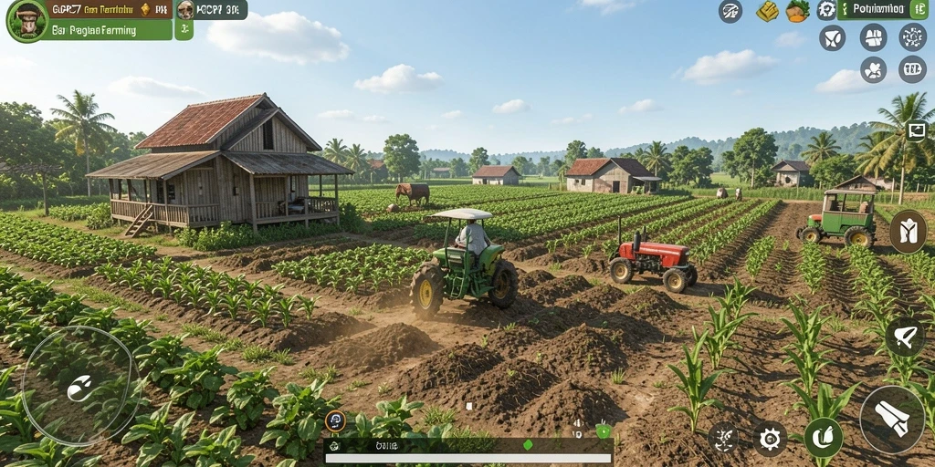 Tampilan utama gameplay PCPC7 menampilkan aktivitas pertanian yang seru.