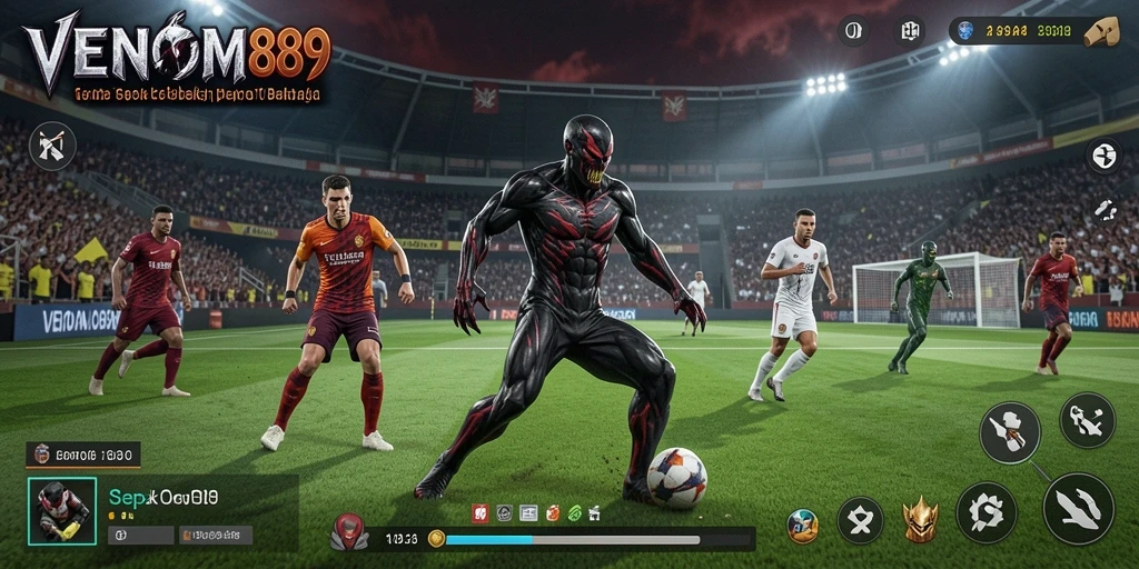 Screenshot utama menunjukkan gameplay sepak bola yang mendebarkan.